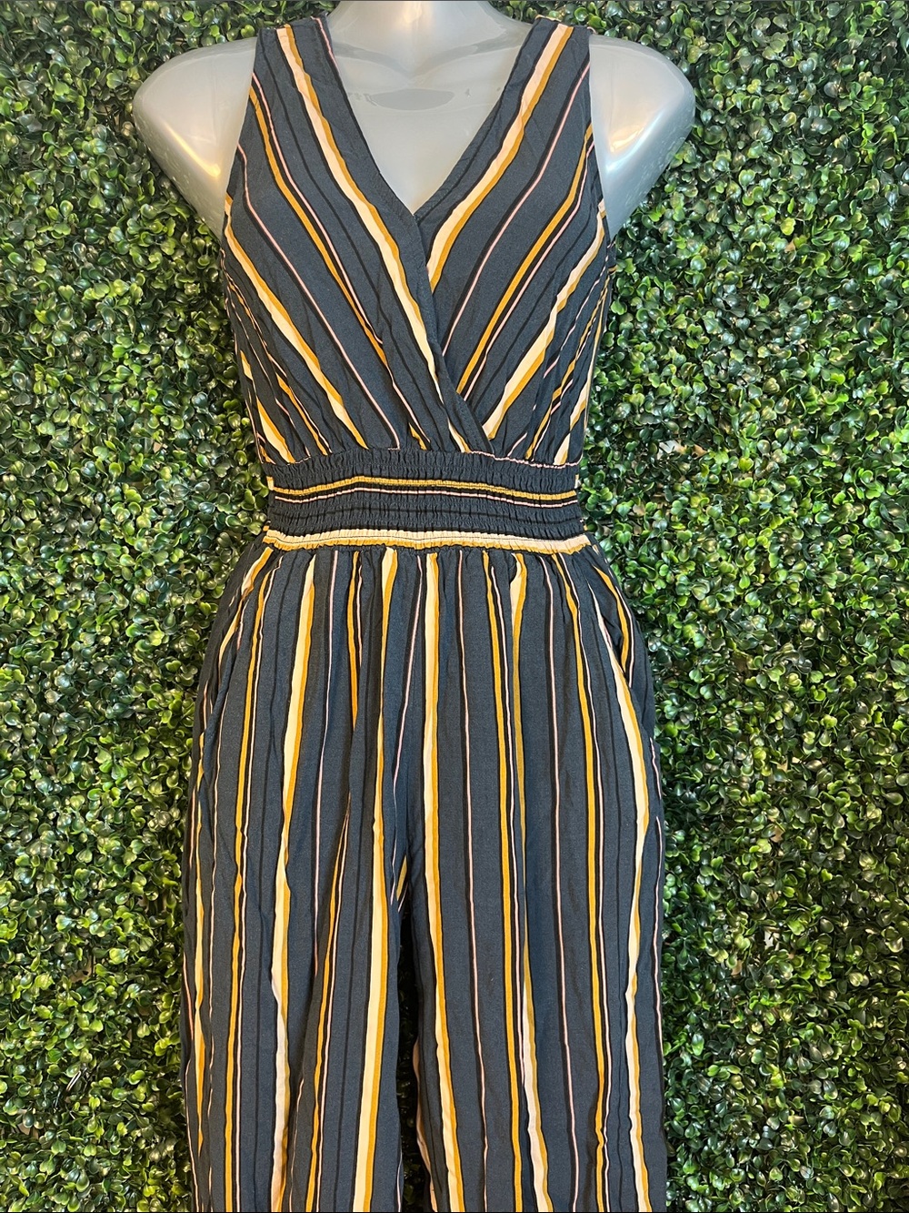 Striped V-Neck Sleeveless Jumpsuit in Black and Yellow